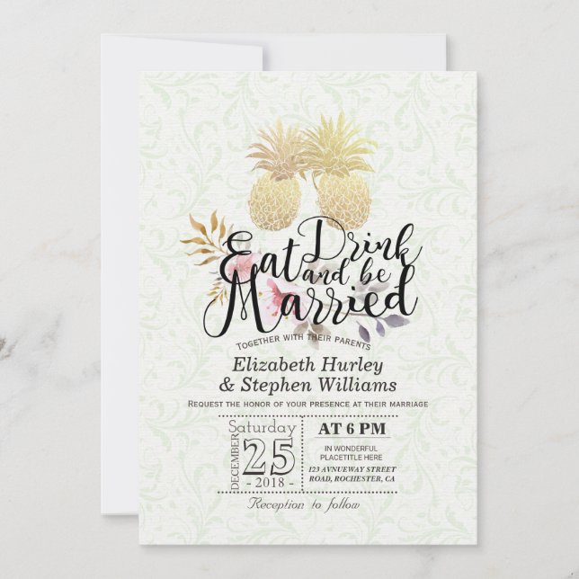 Invitación Bebida Estar casado Boda Dorada Piña Pareja (Anverso)