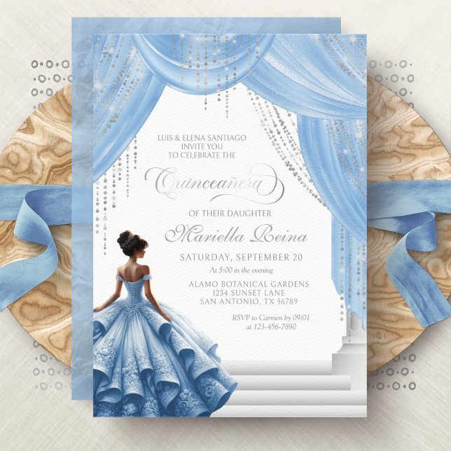 Invitación Bebida ligera Azul Vestido moderno Quinceanera (Subido por el creador)