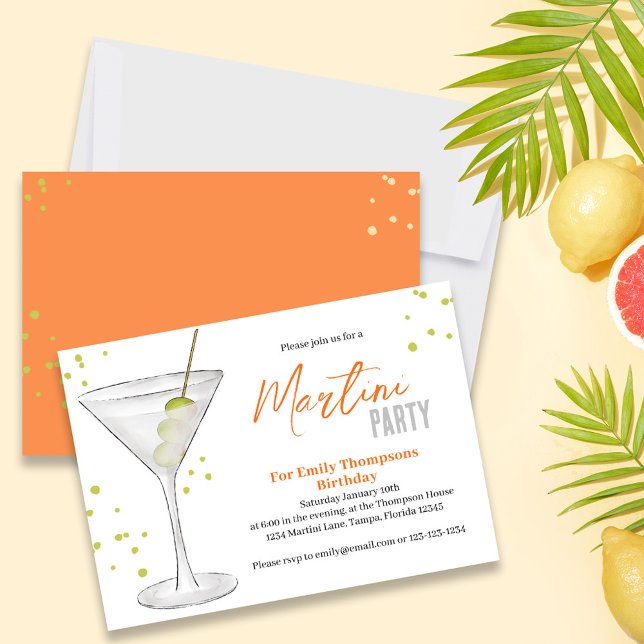 Invitación Bebida Martini Retro Guay Watercolor de fiesta de  (Birthday party invitation with a watercolor martini )