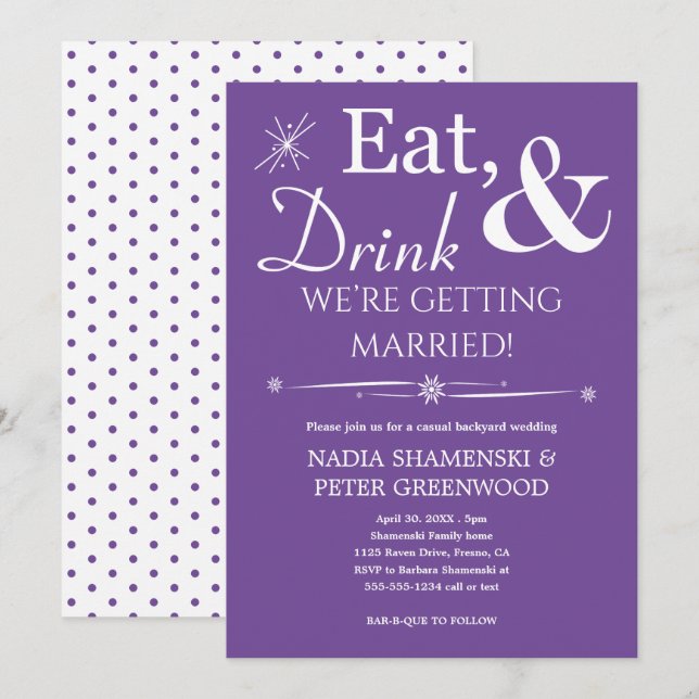 Invitación Bebida morada que se casa con Boda de patio traser (Anverso / Reverso)
