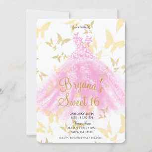 Invitación Bebida rosa y de mariposa dorada Dance Dress Sweet