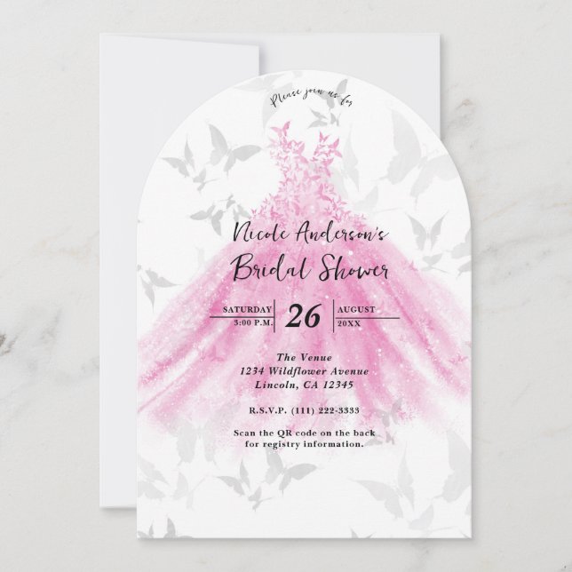Invitación Bebida rosa y dorada mariposa vestido de baile duc (Anverso)