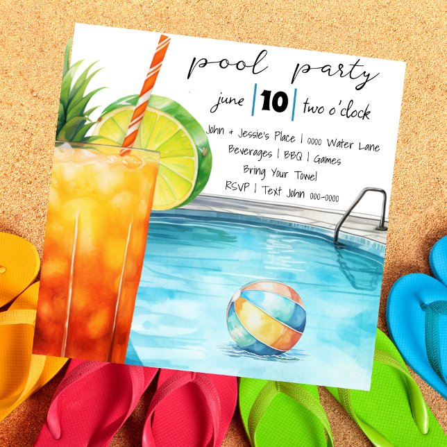 Invitación Bebida tropical y Fiesta de piscina (Tropical drink vibes pool party invitation with beach ball and poolside scene- customizable. )