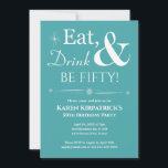 Invitación Bebida turquesa de 50 años retro<br><div class="desc">Invite a amigos y familiares a que te ayuden a celebrar tu 50 cumpleaños con esta divertida invitación retro blanca en azul turquesa.</div>