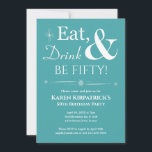 Invitación Bebida turquesa de 50 años retro<br><div class="desc">Invite a amigos y familiares a que te ayuden a celebrar tu 50 cumpleaños con esta divertida invitación retro blanca en azul turquesa.</div>