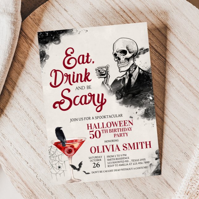 Invitación Bebida y asusta fiesta de cumpleaños de Halloween (Eat Drink and Scary Vintage Gothic Skull Halloween Birthday Party Invitation)