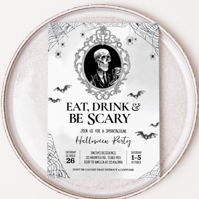 Invitación Bebida y asusta fiesta de Halloween con cráneo gót (Gothic Skull Eat Drink and Scary Halloween Party Invitation)