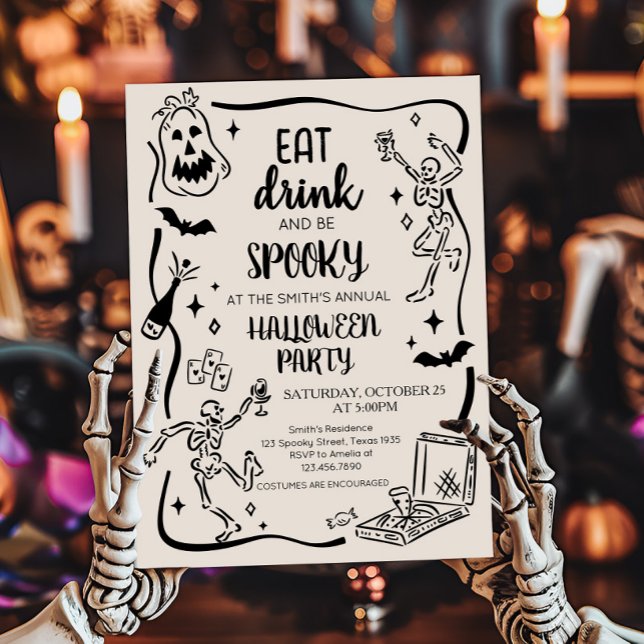 Invitación Bebida y fiesta de Halloween para Adultos con fant (Eat Drink and Spooky Halloween Party Invitation)