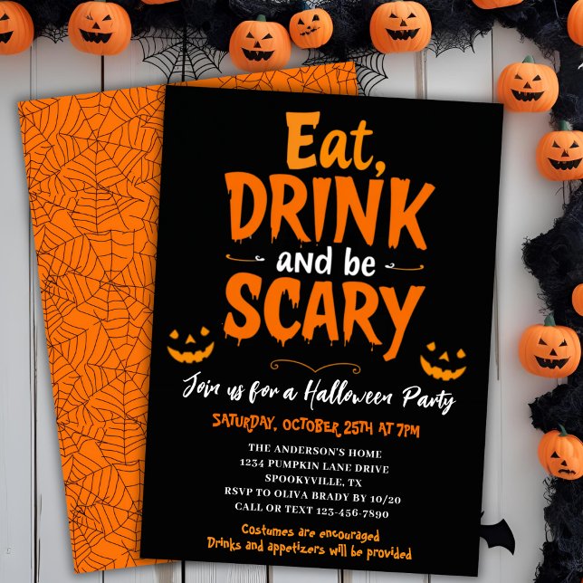 Invitación Bebida y fiesta festiva de Halloween de miedo (Eat Drink & Be Scary Festive Halloween Party Invitation)