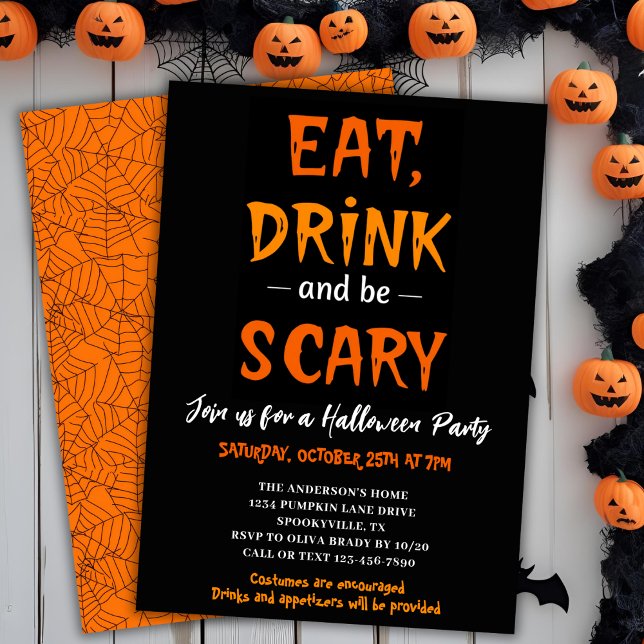 Invitación Bebida y fiesta moderna de Halloween de miedo (Eat Drink & Be Scary Modern Halloween Party Invitation)