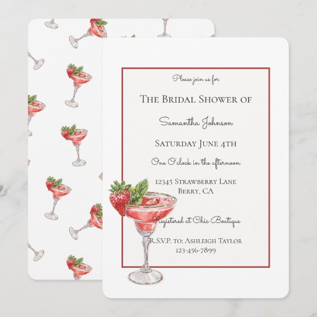 Invitación Bebidas Cóctel de Fresa Despedida de Soltera (Anverso / Reverso)