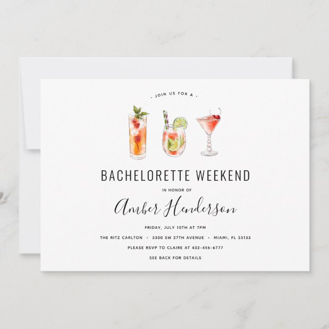 Invitación Bebidas de cóctel Bachelorette Itinerary (Anverso)