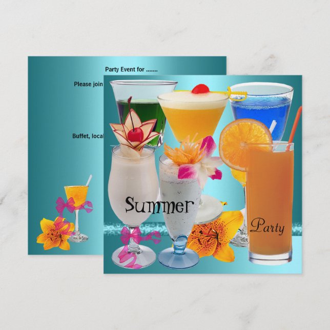 Invitación Bebidas de cóctel Verde azulado tropical azul Fies (Anverso / Reverso)