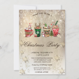 Invitación Bebidas de Navidad Copos de Nieve Oro Navidad