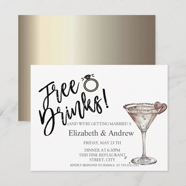 Invitación Bebidas Gratis,Copo de Martini Corazón Boda (Anverso / Reverso)