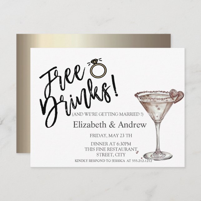 Invitación Bebidas Gratis, Corazón de Copa de Martini Boda (Anverso / Reverso)