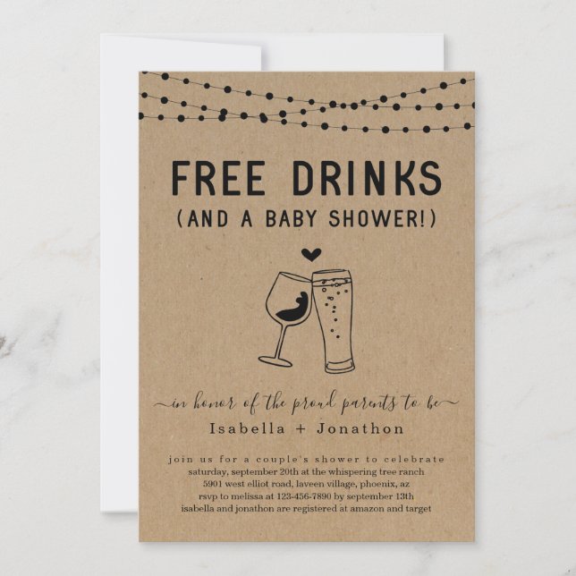 Invitación Bebidas gratis y parejas de Baby Shower neutrales  (Anverso)