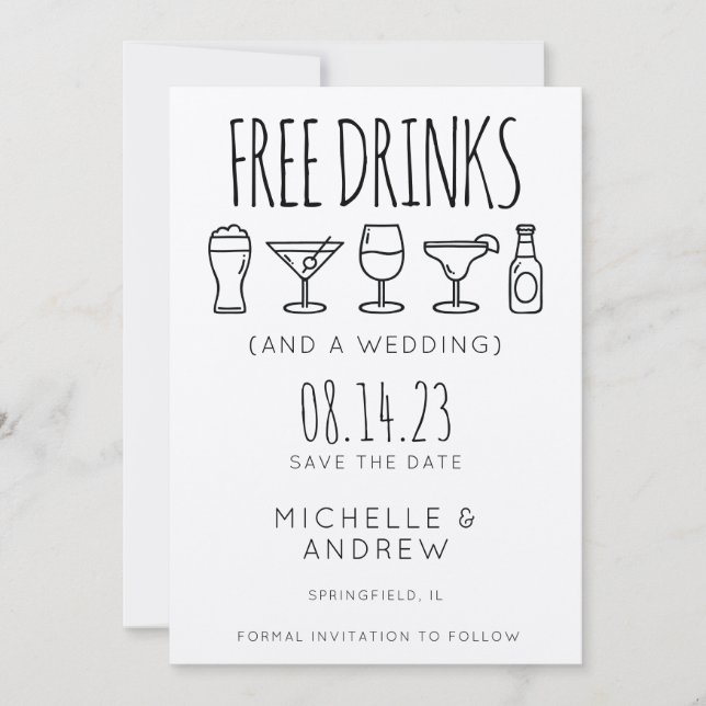 Invitación Bebidas gratis y una boda salven la fecha (Anverso)