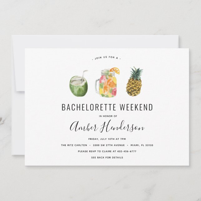 Invitación Bebidas tropicales Bachelorette Itinerario (Anverso)