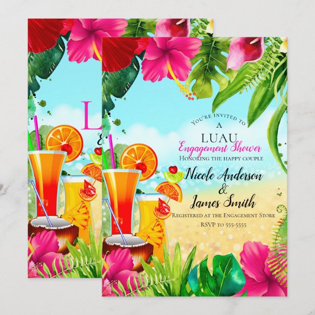 Invitación Bebidas Tropicales & Flores Luau de Verano Comprom (Anverso / Reverso)