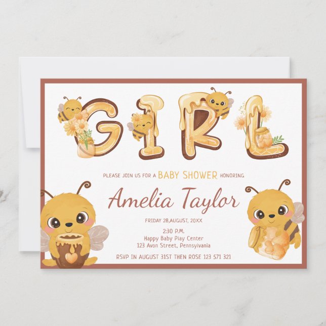 Invitación Bebidas y Chicas de miel letras dulces Ducha bebé (Anverso)