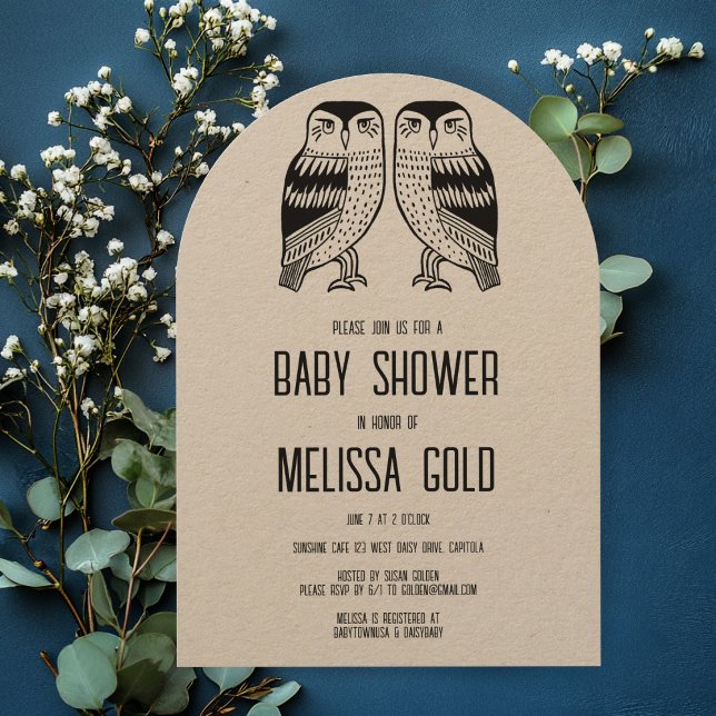 Invitación Bechuzas gemelas, un PERSONALIZADO de BABY SHOWER  (Twin Owls Cute BABY SHOWER CUSTOM Arched Kraft Invitation
)