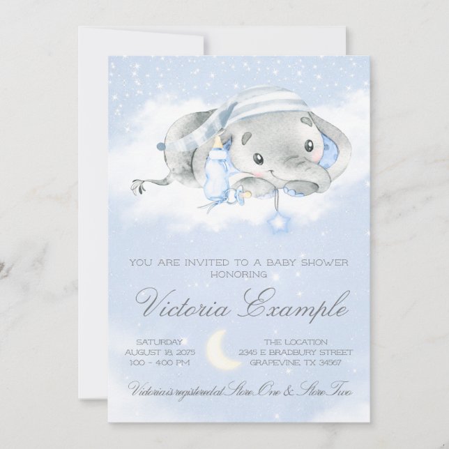 Invitación Bedtime Baby Boy Elephant Baby Shower (Anverso)