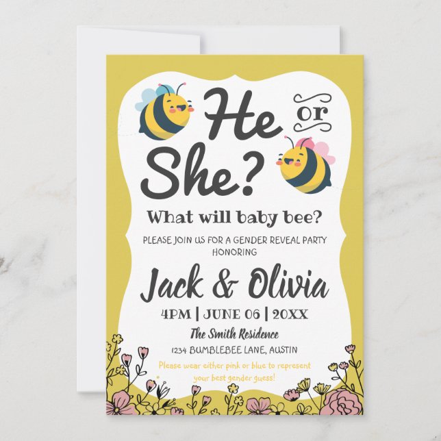 Invitación Bee Baby Floral Bumblebee El O Ella Revelan Género (Anverso)