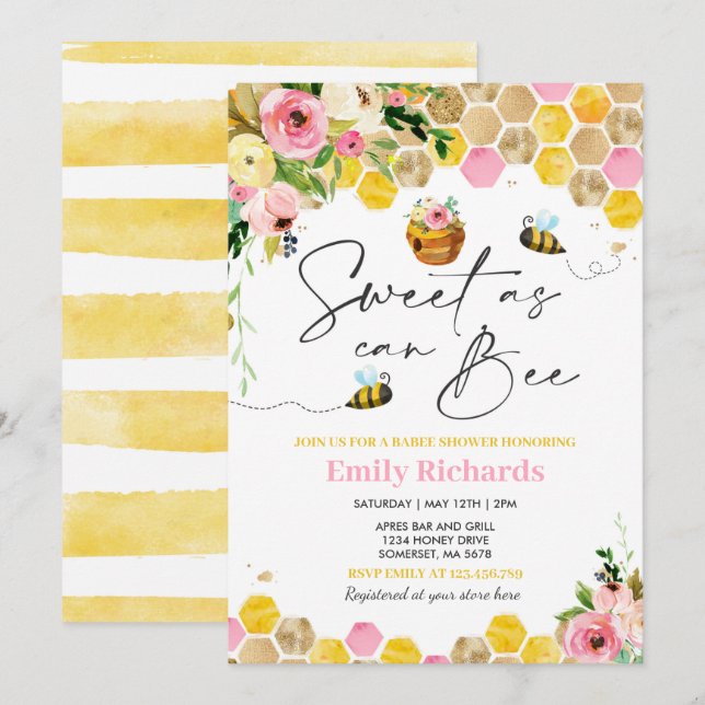Invitación Bee Baby Shower Dulce Floral Rosa Como Se Puede Ad (Anverso / Reverso)
