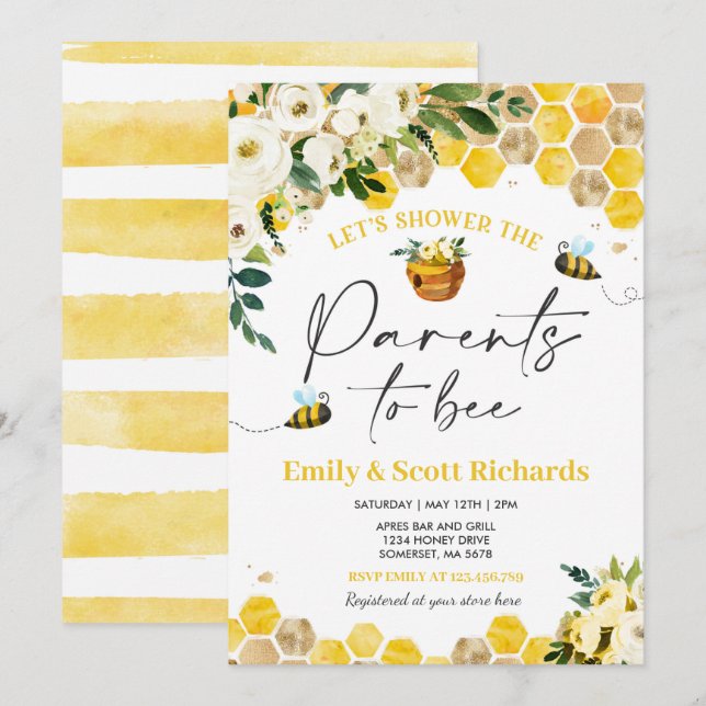 Invitación Bee Baby Shower Género Padres Neutrales Para Ser B (Anverso / Reverso)