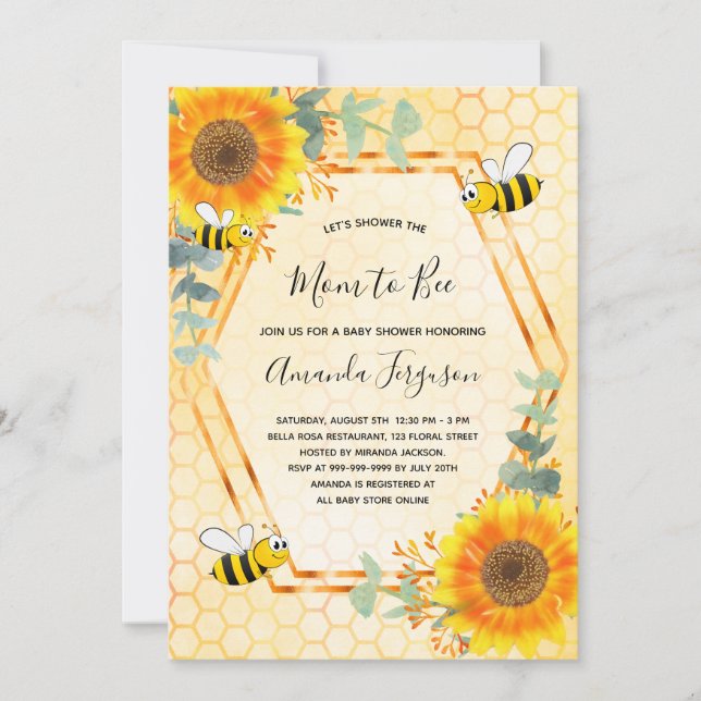 Invitación Bee Baby Shower girasoles vegetación mamá a la abe (Anverso)