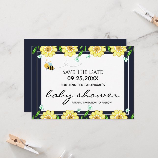 Invitación Bee Baby Shower Guardar la fecha (Anverso/Reverso In Situ)