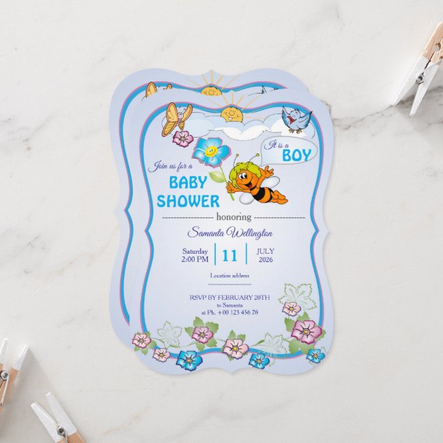 Invitación Bee Baby Shower Invitation for boy (Anverso/Reverso In Situ)