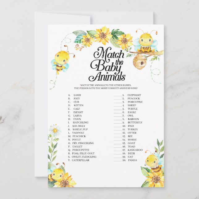 Invitación Bee Baby Shower Match The Baby Animals (Anverso)