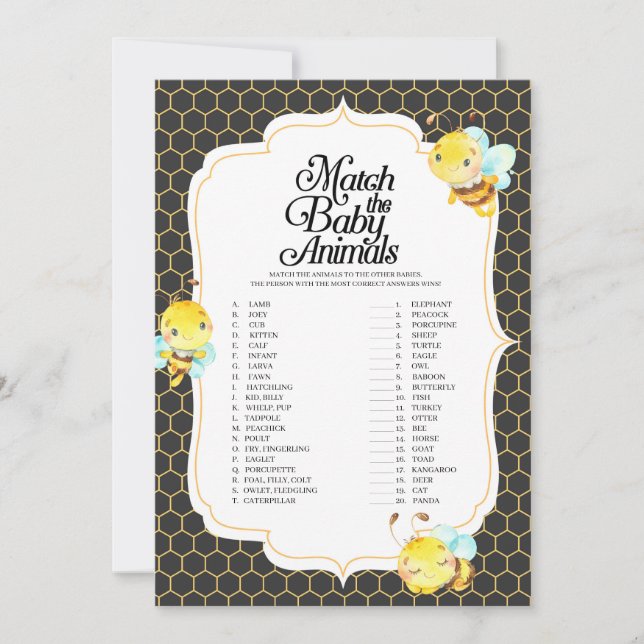 Invitación Bee Baby Shower Match The Baby Animals (Anverso)