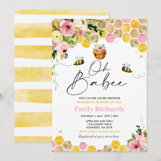 Invitación Bee Baby Shower Pink Spring Floral Oh Babee  (Anverso / Reverso)