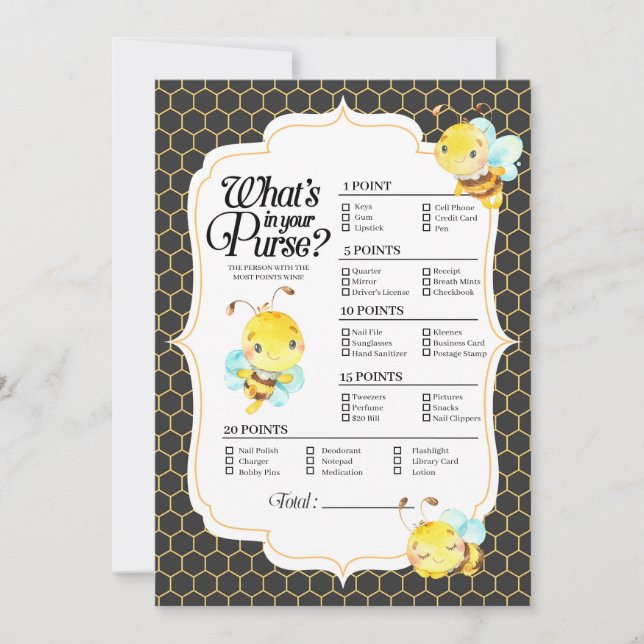 Invitación Bee Baby Shower Qué hay en tu juego de bolsos (Anverso)