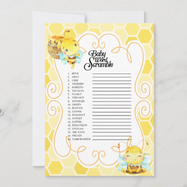 Invitación Bee Baby Shower Word Scramble Game (Anverso)