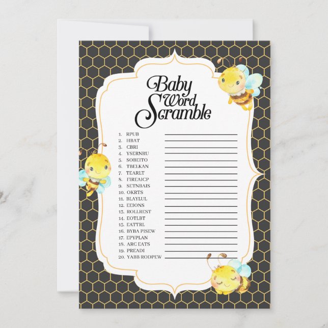 Invitación Bee Baby Shower Word Scramble Game (Anverso)