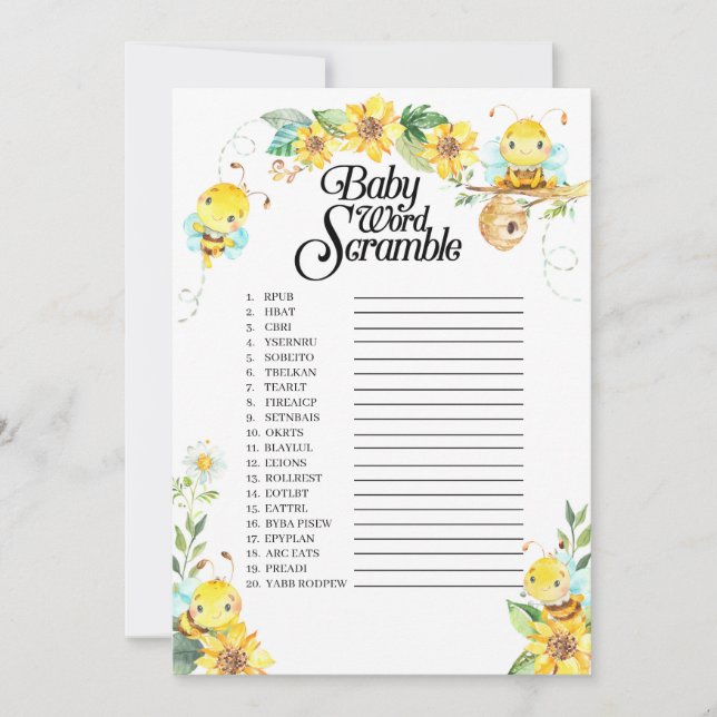 Invitación Bee Baby Shower Word Scramble Game (Anverso)