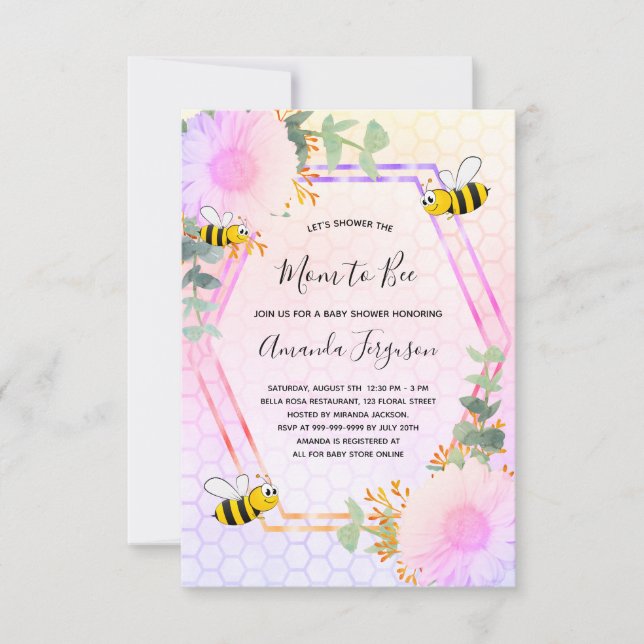 Invitación Bee Bebé ducha chica vegetación floral mamá a la a (Anverso)