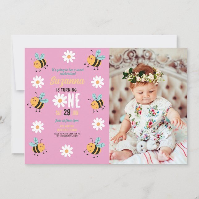 Invitación Bee Birday Photo Fiesta Flower Daisy Pink