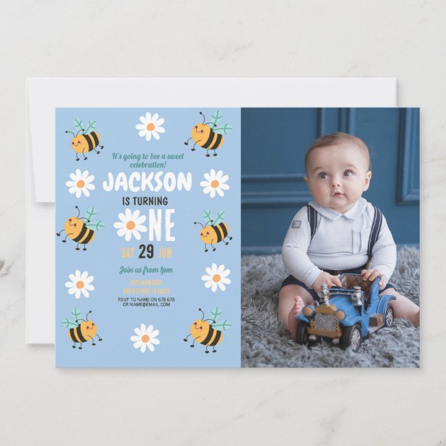 Invitación Bee Birthday Photo Fiesta Daisy Blue Boys (Anverso)