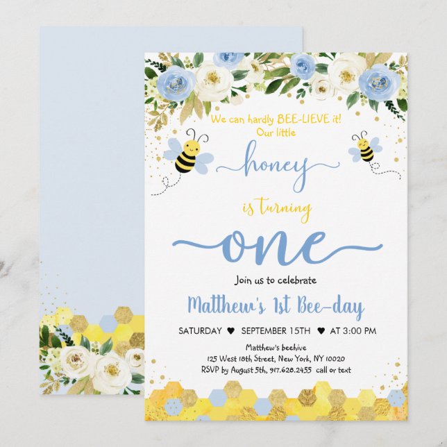 Invitación Bee Blue Gold Boy Primer Día de Abeja (Anverso / Reverso)