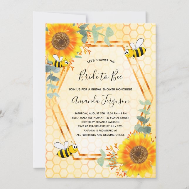 Invitación Bee Bridal ducha girasoles verde novia a la abeja (Anverso)