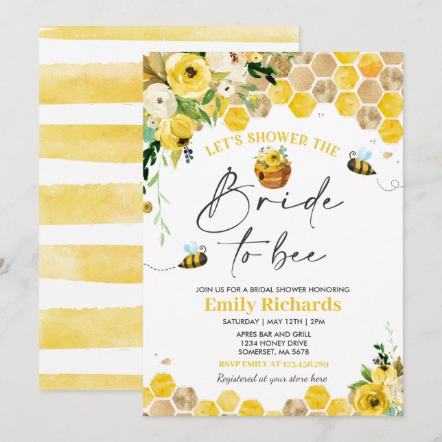 Invitación Bee Bridal Shower Amarilla Floral Novia A Adherirs (Anverso / Reverso)
