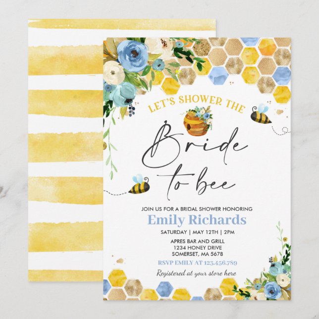 Invitación Bee Bridal Shower Blue & Gold Floral Novia A Bee (Anverso / Reverso)