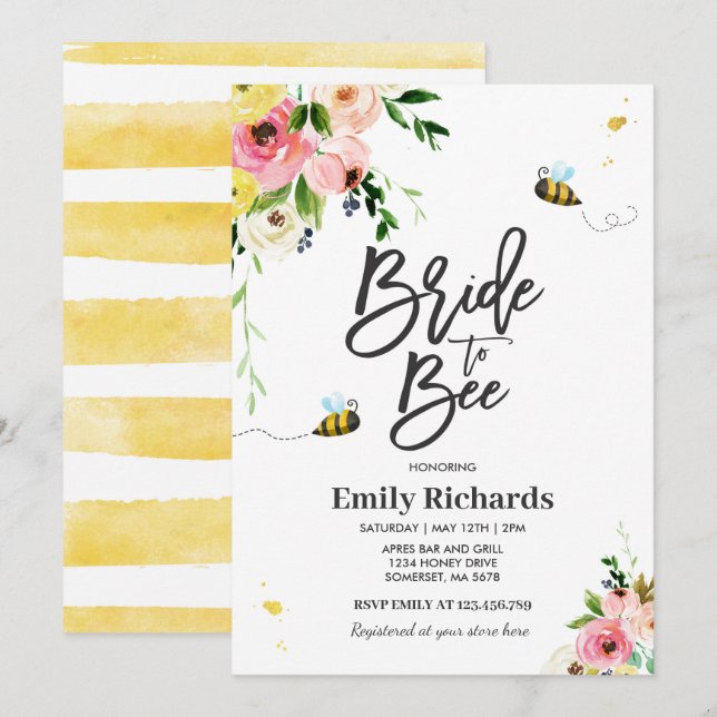 Invitación Bee Bridal Shower Invitan A Novia Floral A Ser Aco (Anverso / Reverso)