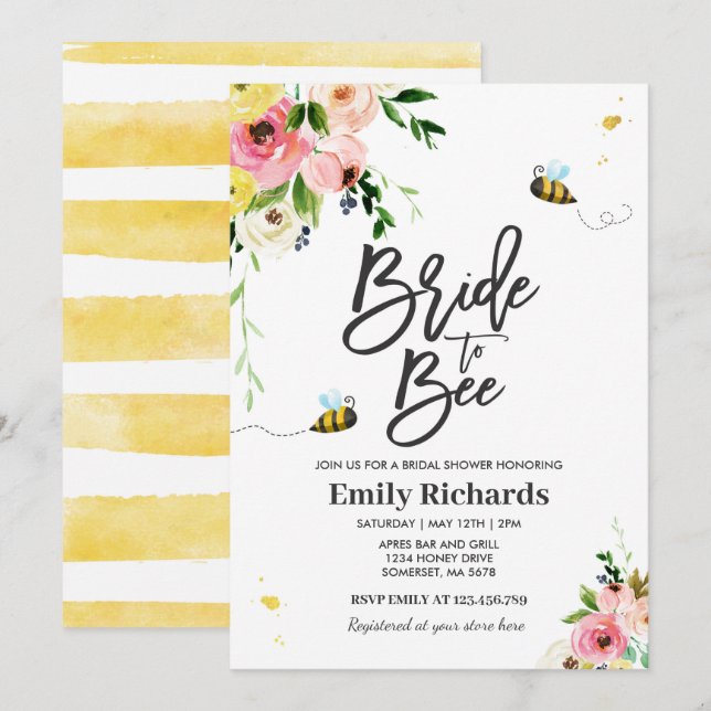 Invitación Bee Bridal Shower Invitó A Novia Floral A Abejar (Anverso / Reverso)