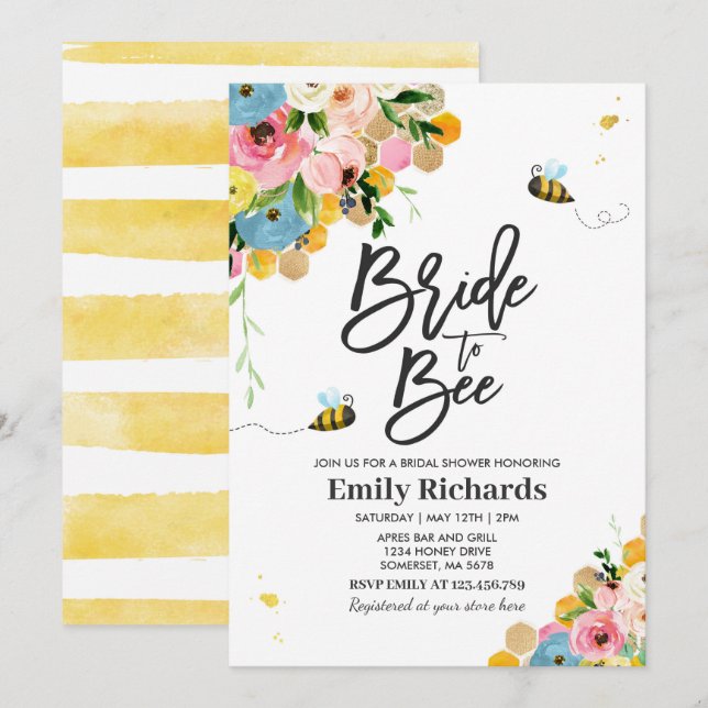 Invitación Bee Bridal Shower Invitó A Novia Floral A Abejar (Anverso / Reverso)